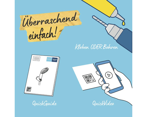 Illustration mit einer Klebstofftube, einem Bohrer, einer Bedienungsanleitung, einem QR-Code und einem Smartphone zur Installation eines Produkts