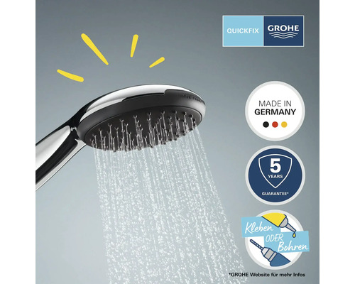 Handbrause mit Wasserstrahl und den Siegeln QuickFix, Grohe Logo, Made in Germany, 5 Jahre Garantie und Kleben oder Bohren