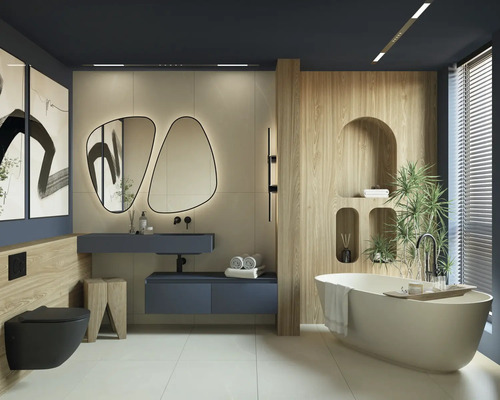 Modernes Badezimmer mit freistehender Badewanne, Waschtisch, Spiegel und Toilette.