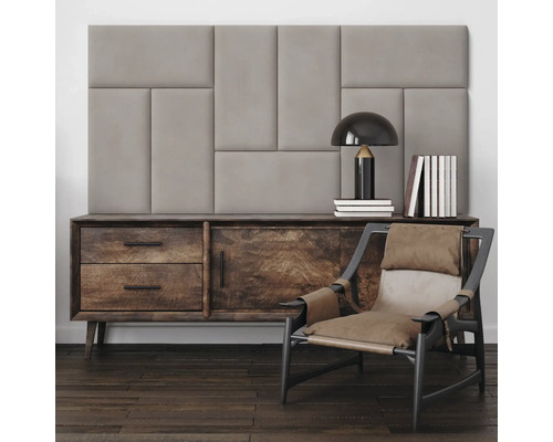 Wandkissen Lederoptik hellgrau Samt-Optik 30 x 60 cm Inneneinrichtung mit Paneelwand, Sideboard und Sessel