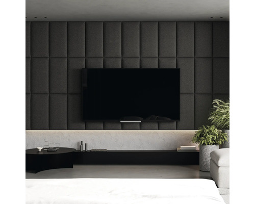 Wandkissen Bouclé dunkelgrau Textil-Optik 30 x 60 cm Modernes Wohnzimmer mit gepolsterter Wand, Fernseher und minimalistischen Möbeln