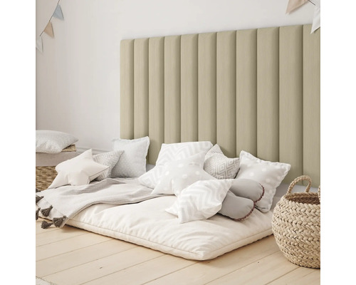 Wandkissen Kordsamt hellbeige Textil-Optik 90 x 15 cm Szene mit gepolstertem Kopfteil, Matratze und Kissen im Kinderzimmer