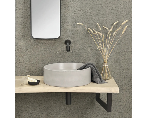 Badezimmerwaschtisch mit rundem Aufsatzwaschbecken, Armatur, Spiegel und Dekoration