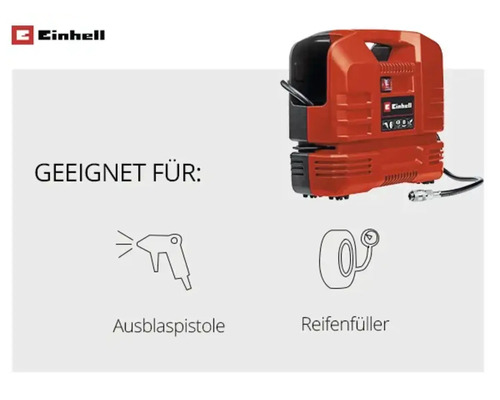 Einhell Logo. Geeignet für Ausblaspistole und Reifenfüller. Kompressor.