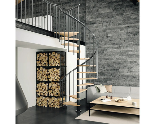 Wohnraum mit Wendeltreppe, Holzregal und grauer Steinwand