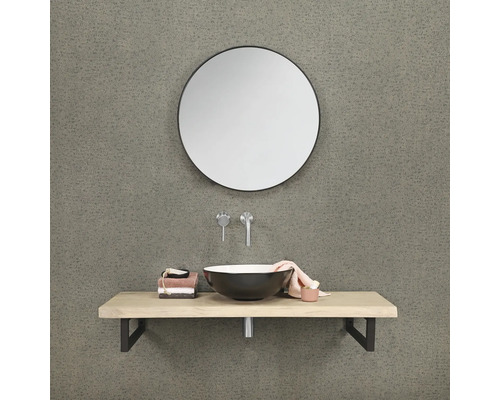 Badezimmerwaschtisch mit rundem Spiegel, Aufsatzwaschbecken und Holzablage