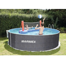 Marimex Pool mit spielenden Personen und Volleyballnetz im Garten
