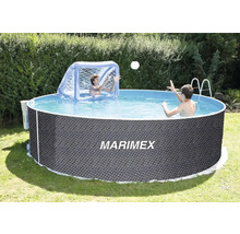 Marimex Frame Pool mit zwei Personen und einem Wasserballnetz im Garten.