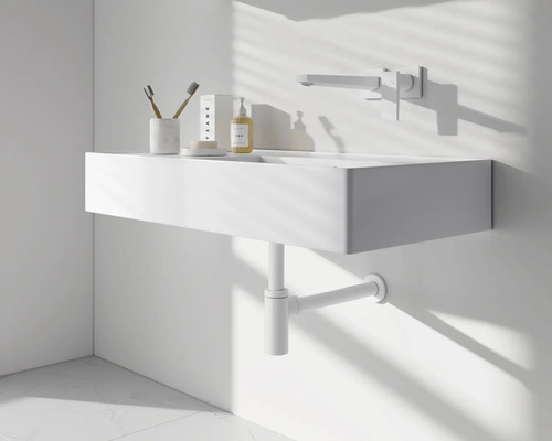 Modernes Badezimmer mit Waschbecken, Armatur und Siphon