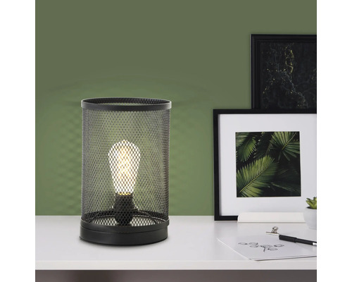 Tischleuchte aus Metallgitter mit Leuchtmittel auf einem Tisch