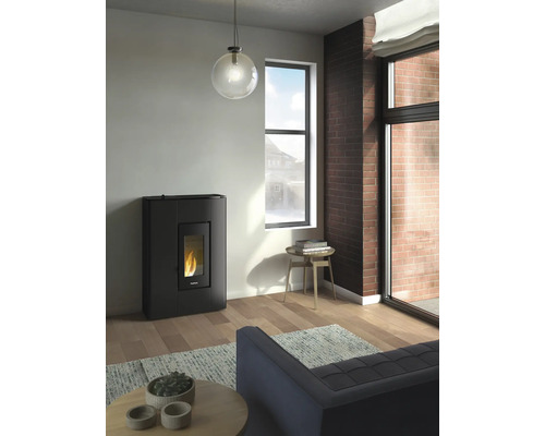 Wohnzimmer mit Pelletofen, Lampe, Fenster und Sofa