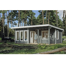 Modernes Gartenhaus aus Holz mit Flachdach, Fenstern und Grill im Außenbereich.