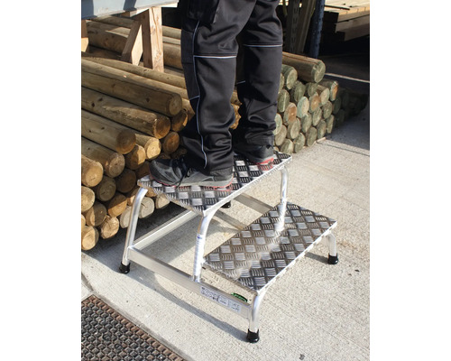 Person steht auf einer zweistufigen Aluminium Trittleiter vor einem Holzzaun