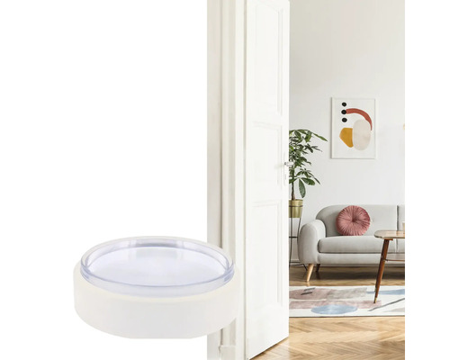 Türstopper mit transparentem Rand und weißer Basis vor einem Wohnzimmer