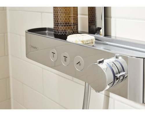 Hansgrohe Duschpaneel mit Ablage und Bedienelementen im Badezimmer.