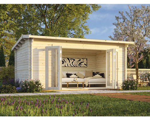 Gartenhaus Palmako Ines 13,7 m² inkl. Fußboden 524 x 379 cm natur Helles Holz Gartenhaus mit offenen Flügeltüren und Gartengestaltung