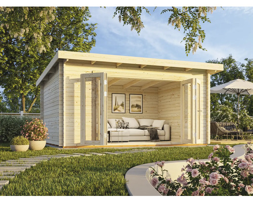 Gartenhaus Palmako Lea 14,2 m² inkl. Fußboden 494 x 402 cm natur Holzgartenhaus mit geöffneten Doppeltüren und Gartenmöbeln im Hintergrund
