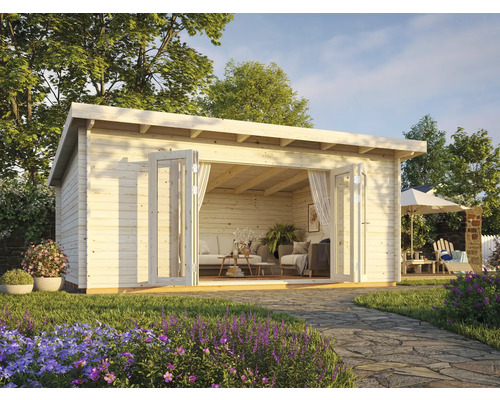 Gartenhaus Palmako Lea 19,4 m² inkl. Fußboden 578 x 451 cm natur Garten mit Holzgartenhaus, geöffneten Türen und Gartenmöbeln