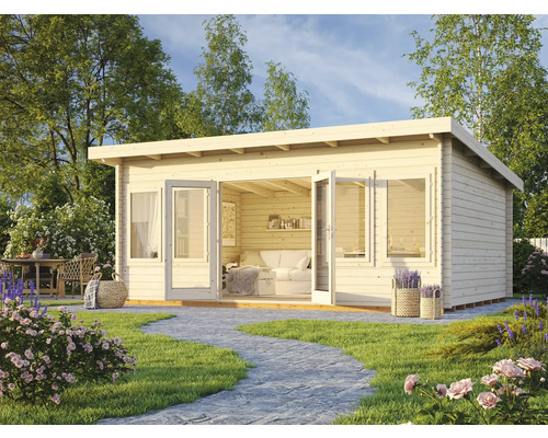 Gartenhaus Palmako Lisa 19,4 m² inkl. Fußboden 578 x 447 cm natur Garten mit Holzgartenhaus, Terrasse und Gartenmöbeln.