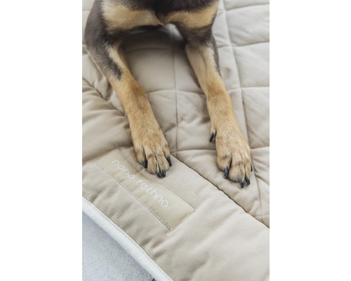 Hundepfoten auf einem gesteppten Hundebett mit Nano Techno Schriftzug