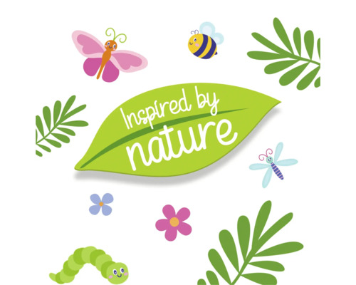 Grafik mit der Aufschrift Inspiriert von der Natur, umgeben von Pflanzen, einer Biene, einem Schmetterling, einer Libelle und einer Raupe.
