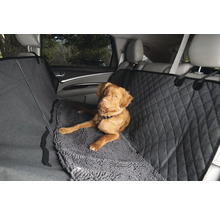 Ein Hund liegt auf einem Autositzbezug im Fond eines Autos.