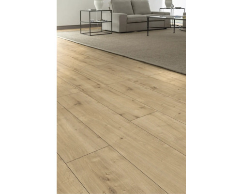 Bodenbelag aus Laminat in einem Wohnraum mit Sofa und Teppich