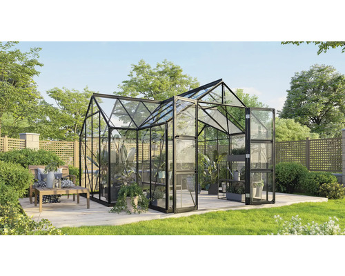 Gewächshaus Vitavia Clarus Sicherheitsglas 3 mm inkl. Stahlfundamentrahmen 383 x 383 cm schwarz Gewächshaus Vitavia Clarus Sicherheitsglas 3 mm inkl. Stahlfundamentrahmen 383 x 383 cm schwarz