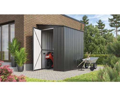 Metallgerätehaus GLOBEL Anlehnvariante 6x5 180 x 155 cm anthrazit Metall Gerätehaus mit Motorrad und Gartengeräten