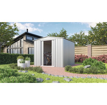 Metallgerätehaus mit Schiebetür und Fahrrad im Garten