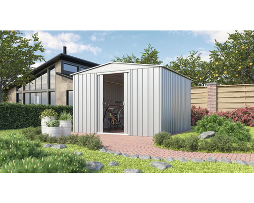 Gerätehaus GLOBEL 10x10 Satteldach 307 x 309 cm silber Metall Gerätehaus mit Schiebetür im Garten