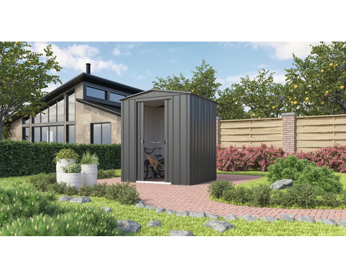 Metall Gerätehaus mit geöffneter Tür und Fahrrad im Garten