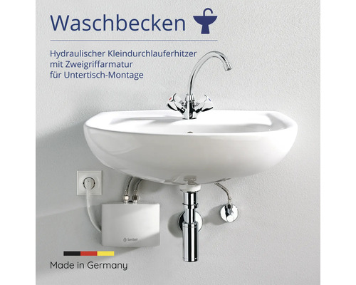 Aufputzwaschbecken mit hydraulischem Kleindurchlauferhitzer und Zweigriffarmatur für die Untertischmontage
