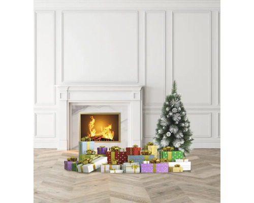 Weihnachtsszene mit Kamin, Weihnachtsbaum und Geschenken
