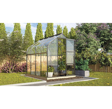 Gewächshaus im Garten mit Pflanzen und Blumen