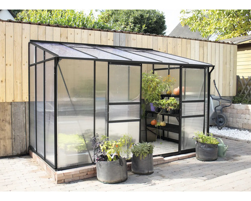 Gewächshaus mit Pflanzen und Gartengeräten im Außenbereich.