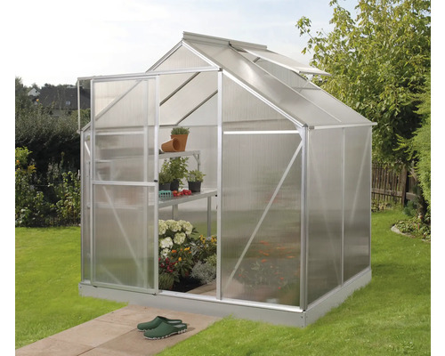 Gewächshaus mit Pflanzen und Regalen im Garten