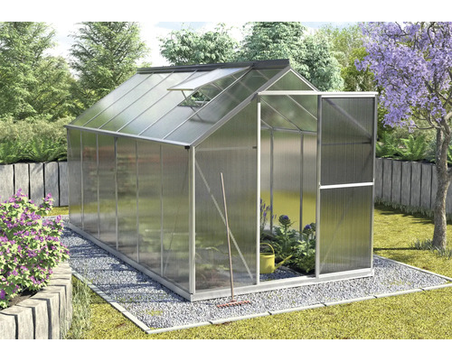 Gewächshaus mit geöffneter Tür und Dachfenster im Garten