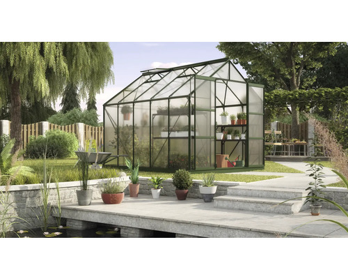 Gewächshaus im Garten mit Pflanzen und Gartenzubehör.