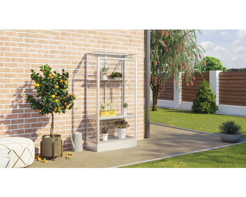 Gartenszene mit Gewächshausregal, Zitronenbaum und Zubehör