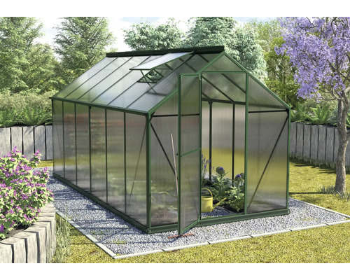 Gewächshaus mit geöffneter Tür und Dachfenster im Garten