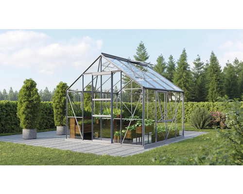 Gewächshaus aus Glas mit Pflanzen in einem Garten.