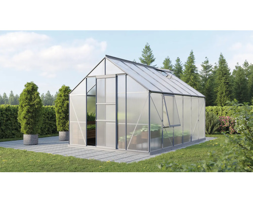 Gewächshaus Vitavia Meridian 1 9900 Hohlkammerplatten 4 mm 257x383 cm Aluminium Gewächshaus im Garten mit geöffnetem Fenster und Schiebetür