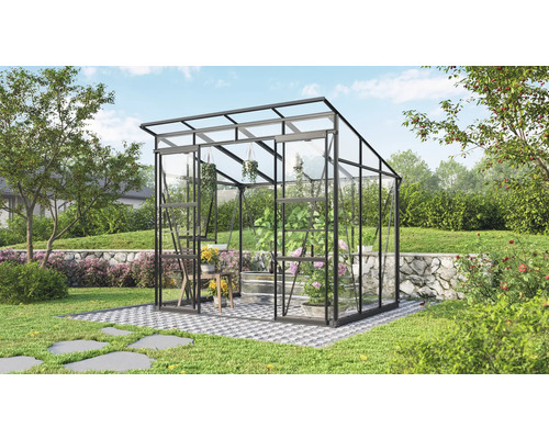 Gewächshaus im Garten mit Pflanzen und Regalen.
