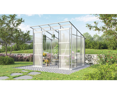Gewächshaus Vitavia Playa 5900 Hohlkammerplatten 6 mm mit Fundamentrahmen 258 x 230 cm Aluminium Gewächshaus im Garten mit Pflanzen und Blumen