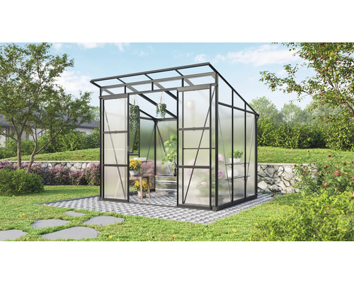 Gewächshaus Vitavia Playa 5900 Hohlkammerplatten 6 mm mit Fundamentrahmen 258 x 230 cm schwarz Gewächshaus mit Pflanzen im Garten