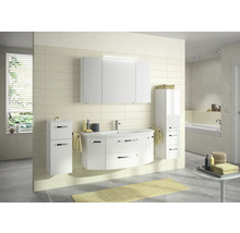 Helles Badezimmer mit Waschbeckenunterschrank, Spiegelschrank und Hochschrank