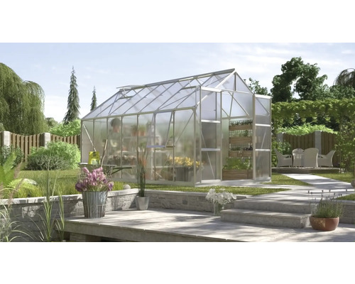 Gewächshaus Vitavia Jupiter 11500 Hohlkammerplatten 6 mm 257x445 cm Aluminium Gewächshaus aus Glas mit Regalen im Garten