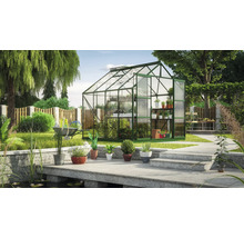 Gewächshaus im Garten mit Pflanzen und Gartengeräten