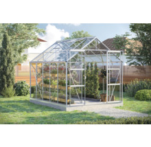 Gewächshaus aus Glas und Aluminium mit Pflanzen im Garten